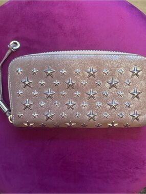 Jimmy Choo Metallic Rose Gold Star-Embellished Zip Wallet